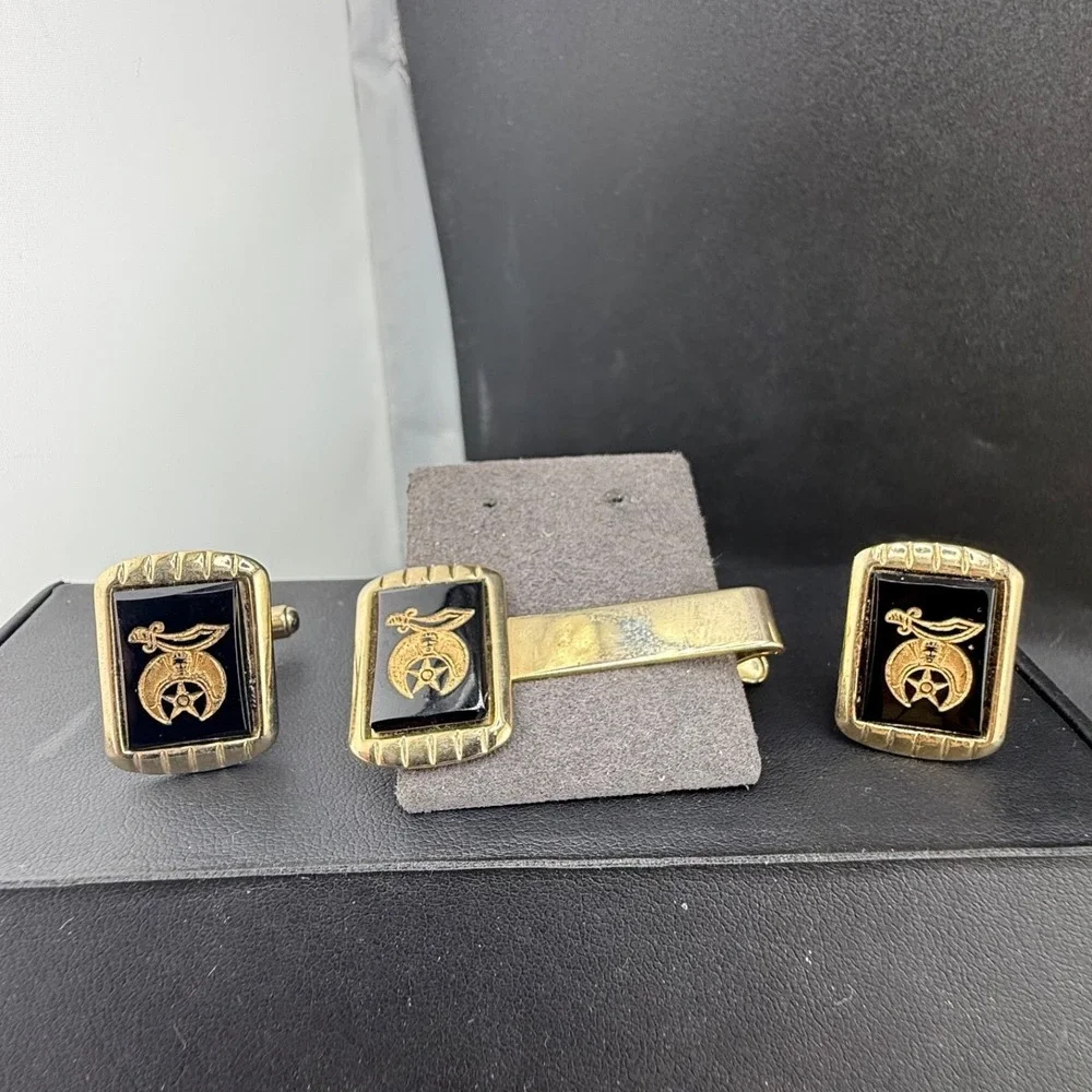 Vintage Shriner's Cufflinks Tie Clip Masons‎ Gold Tone Stone